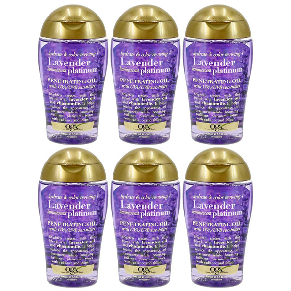 Six bottles of OGX Hydrate & Color Reviving + Luminescent Penetrating Oil, Lavender, with gold caps are arranged in two rows of three on a white background—ideal for hydrating and protecting color-treated blonde hair.